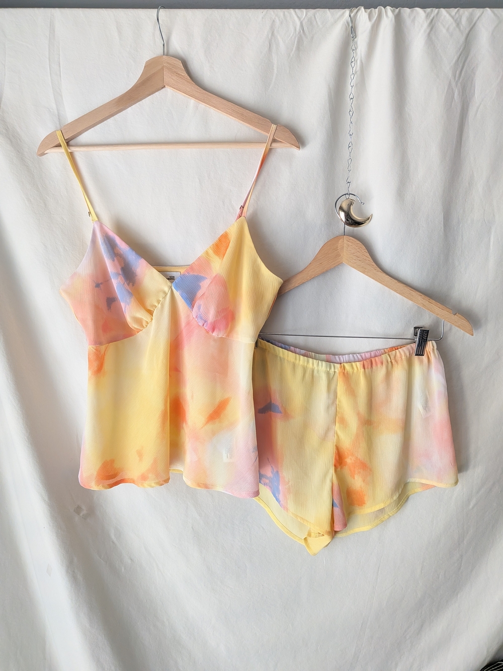Pastel Yellow Tie-Dye Satin Cami & Short Sleep Set